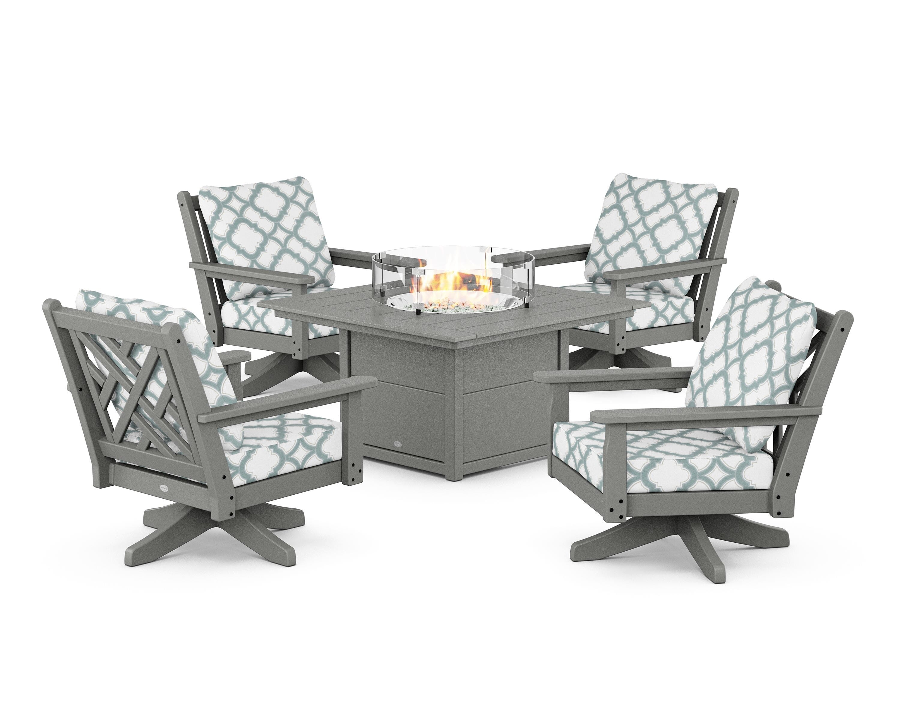 POLYWOOD® Chippendale 5-Piece Deep Seating Swivel Conversation Set with Fire Pit Table in Slate Grey / Trellis Glacier Spa