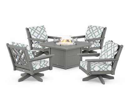 POLYWOOD® Chippendale 5-Piece Deep Seating Swivel Conversation Set with Fire Pit Table in Slate Grey / Trellis Glacier Spa