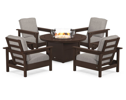 POLYWOOD® Club 5-Piece Conversation Set with Fire Pit Table in Mahogany / Weathered Tweed