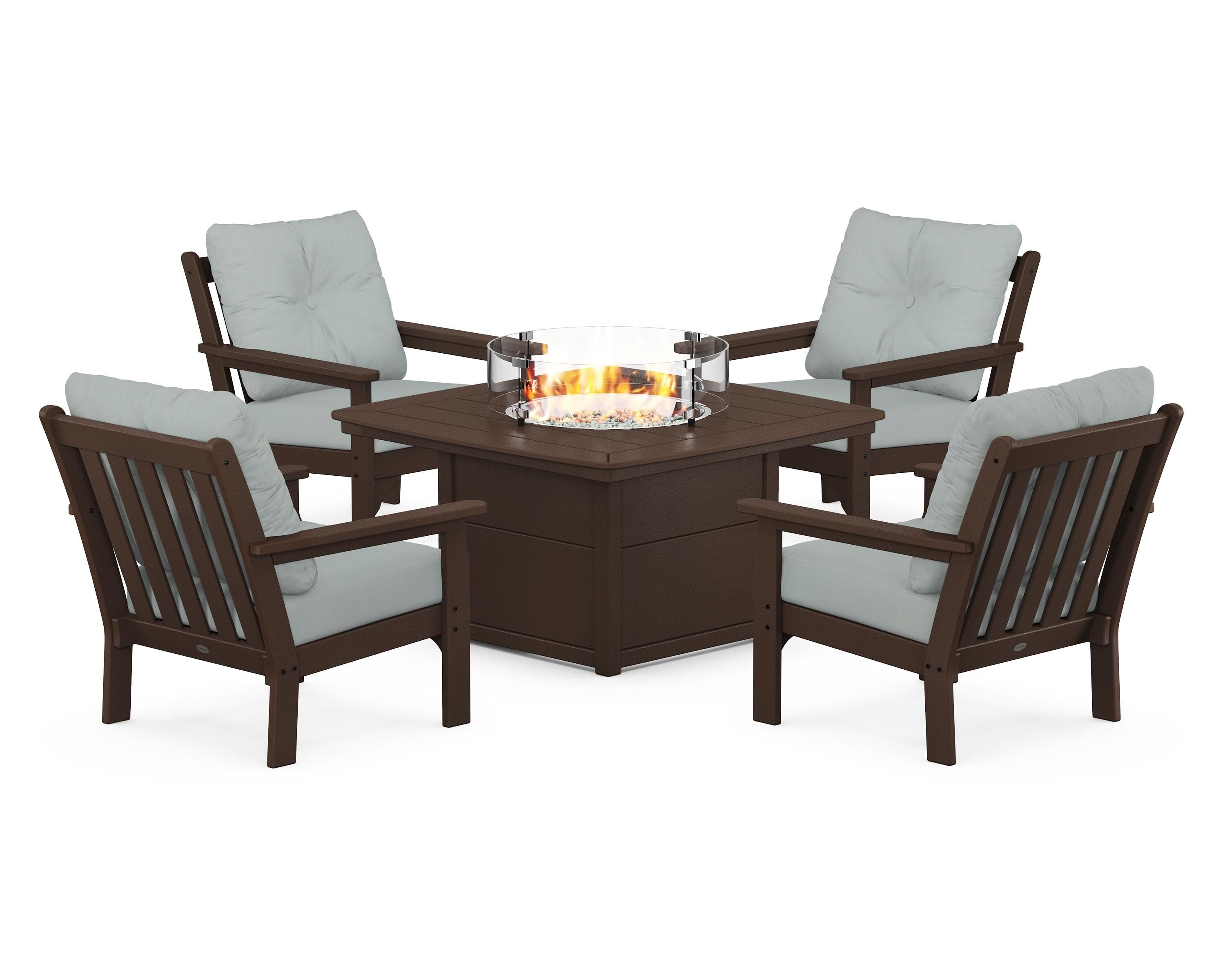 POLYWOOD® Vineyard 5-Piece Conversation Set with Fire Pit Table in Mahogany / Spa