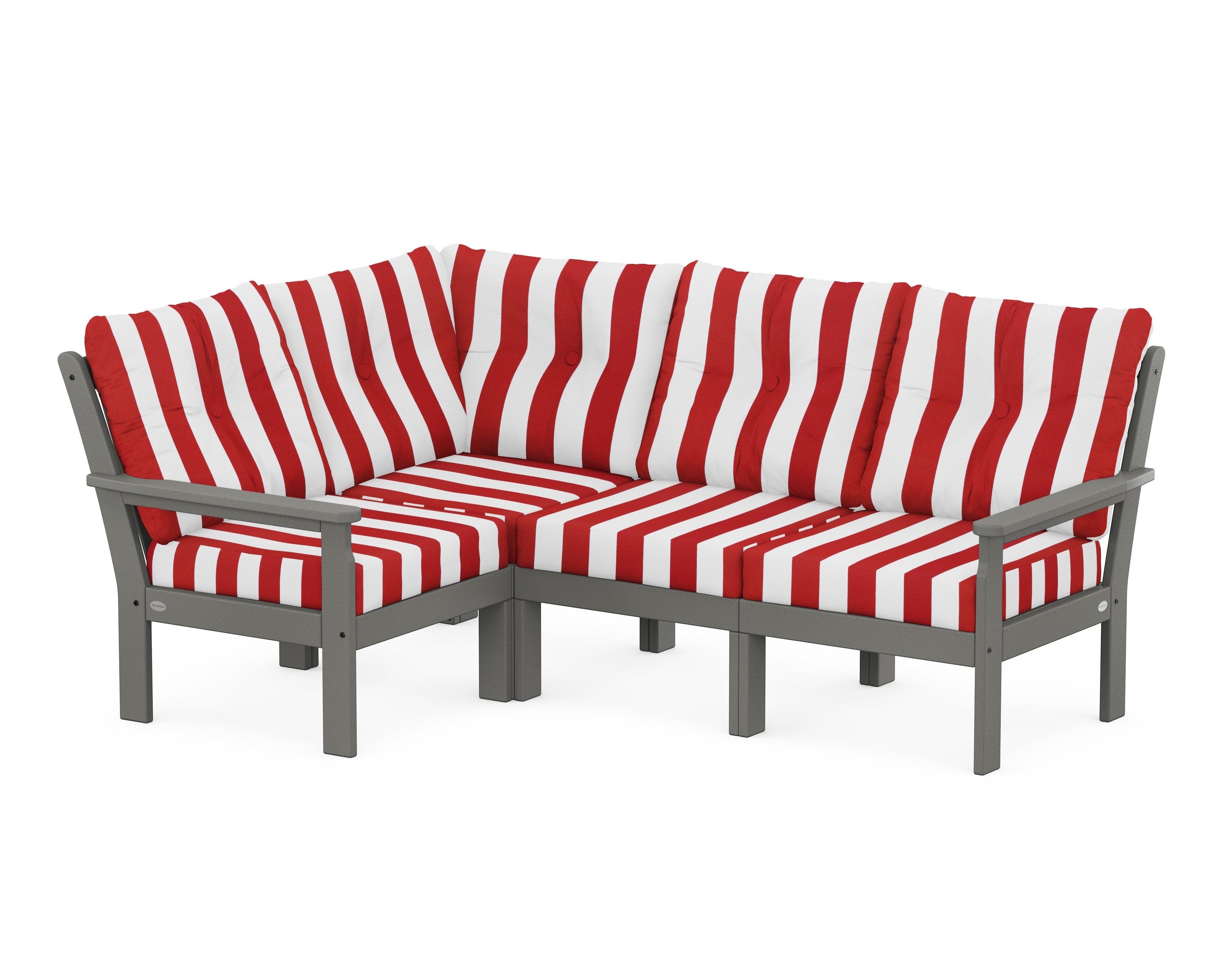 POLYWOOD® Vineyard 4-Piece Sectional in Slate Grey / Cabana Stripe Crimson