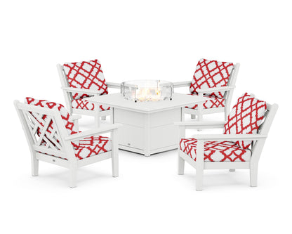 POLYWOOD® Chippendale 5-Piece Deep Seating Set with Fire Pit Table in White / Trellis Crimson