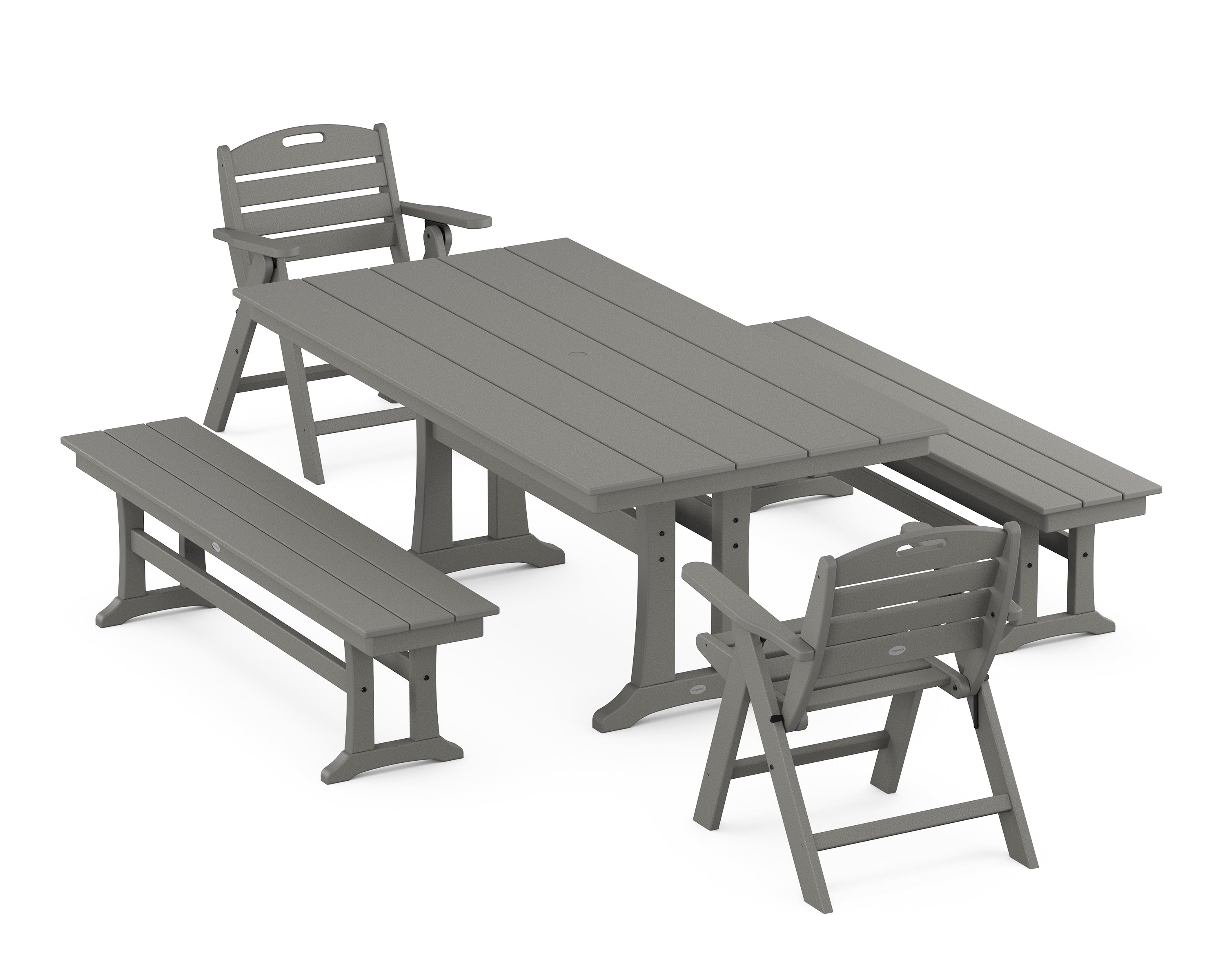 POLYWOOD® Nautical Folding Lowback Chair 5-Piece Farmhouse Dining Set With Trestle Legs in Slate Grey