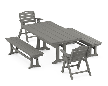 POLYWOOD® Nautical Folding Lowback Chair 5-Piece Farmhouse Dining Set With Trestle Legs in Slate Grey