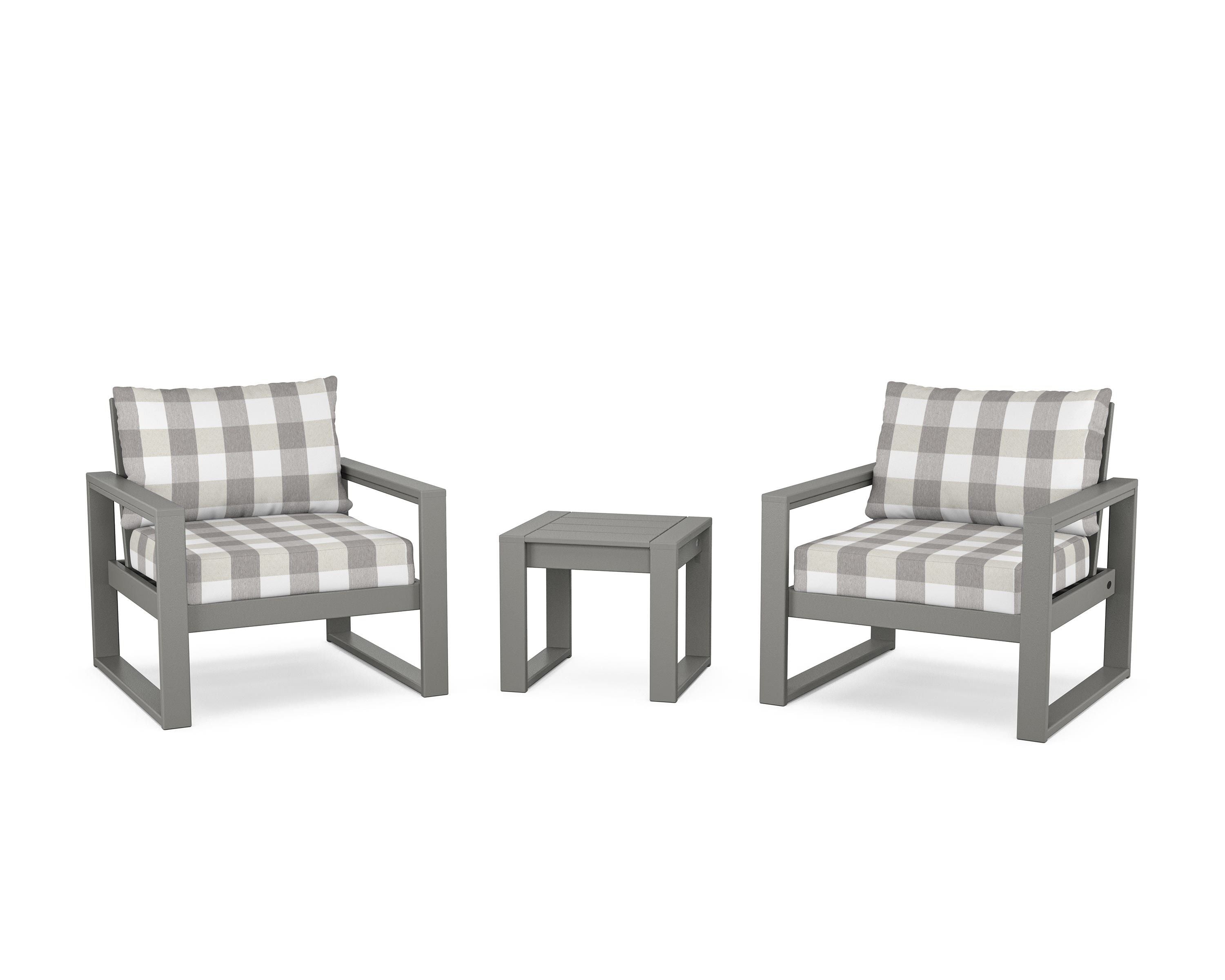 POLYWOOD® EDGE Sectional 3-Piece Deep Seating Set in Slate Grey / Buffalo Plaid Grey Mist