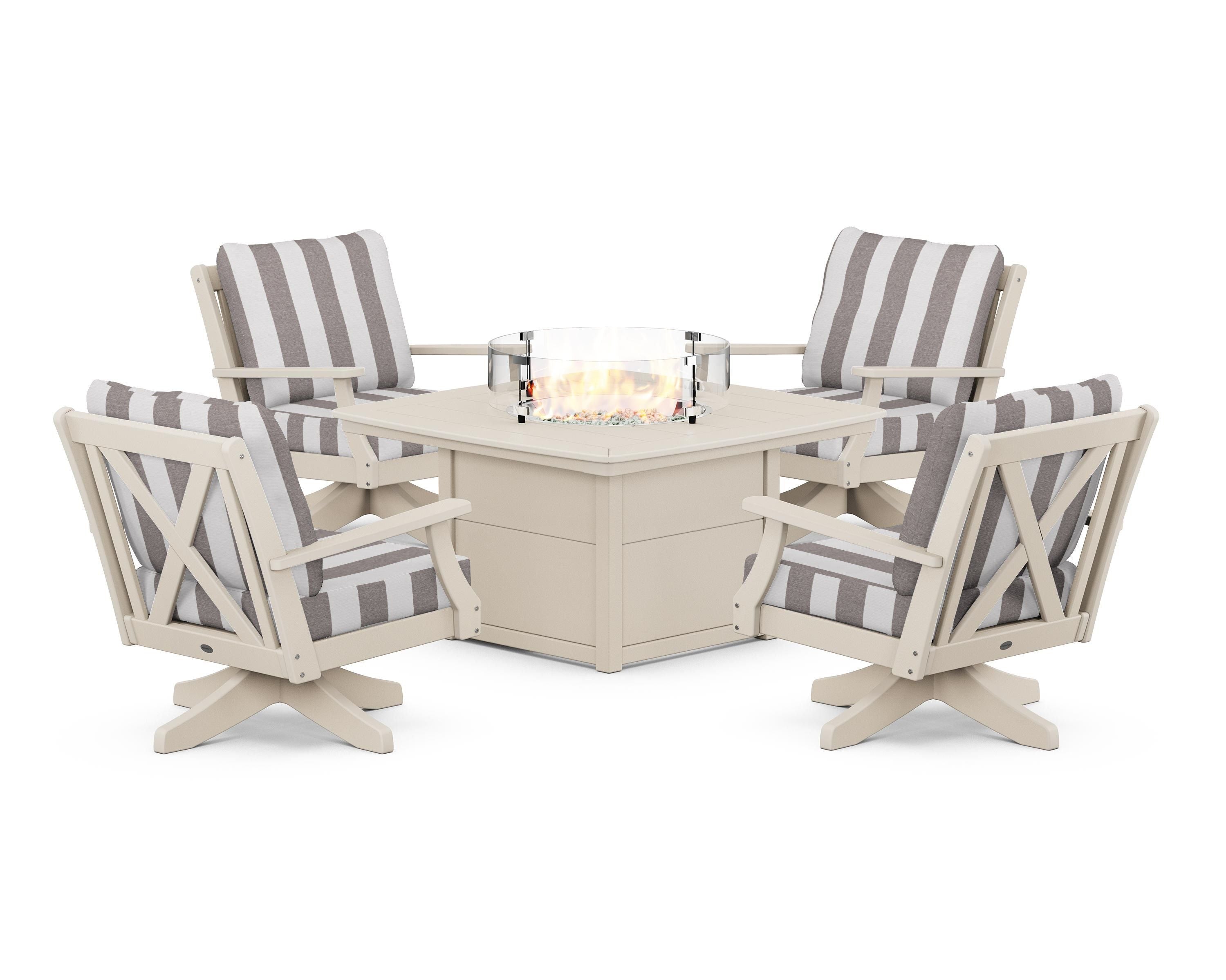POLYWOOD® Braxton 5-Piece Deep Seating Swivel Conversation Set with Fire Pit Table in Sand / Cabana Stripe Grey Mist