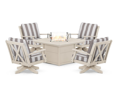 POLYWOOD® Braxton 5-Piece Deep Seating Swivel Conversation Set with Fire Pit Table in Sand / Cabana Stripe Grey Mist