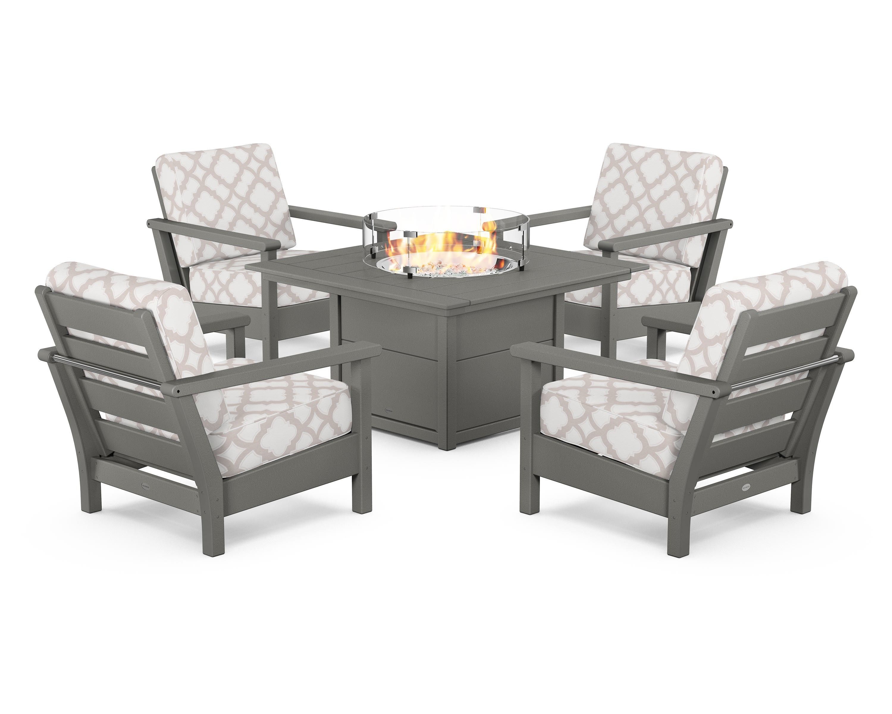 POLYWOOD® Harbour 5-Piece Conversation Set with Fire Pit Table in Slate Grey / Trellis Dune Burlap