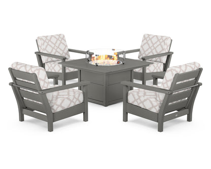 POLYWOOD® Harbour 5-Piece Conversation Set with Fire Pit Table in Slate Grey / Trellis Dune Burlap