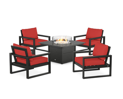 POLYWOOD® EDGE Sectional 5-Piece Deep Seating Set with Fire Pit Table in Black / Crimson Linen