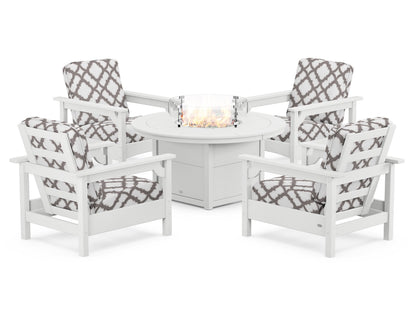 POLYWOOD® Club 5-Piece Conversation Set with Fire Pit Table in White / Trellis Grey Mist