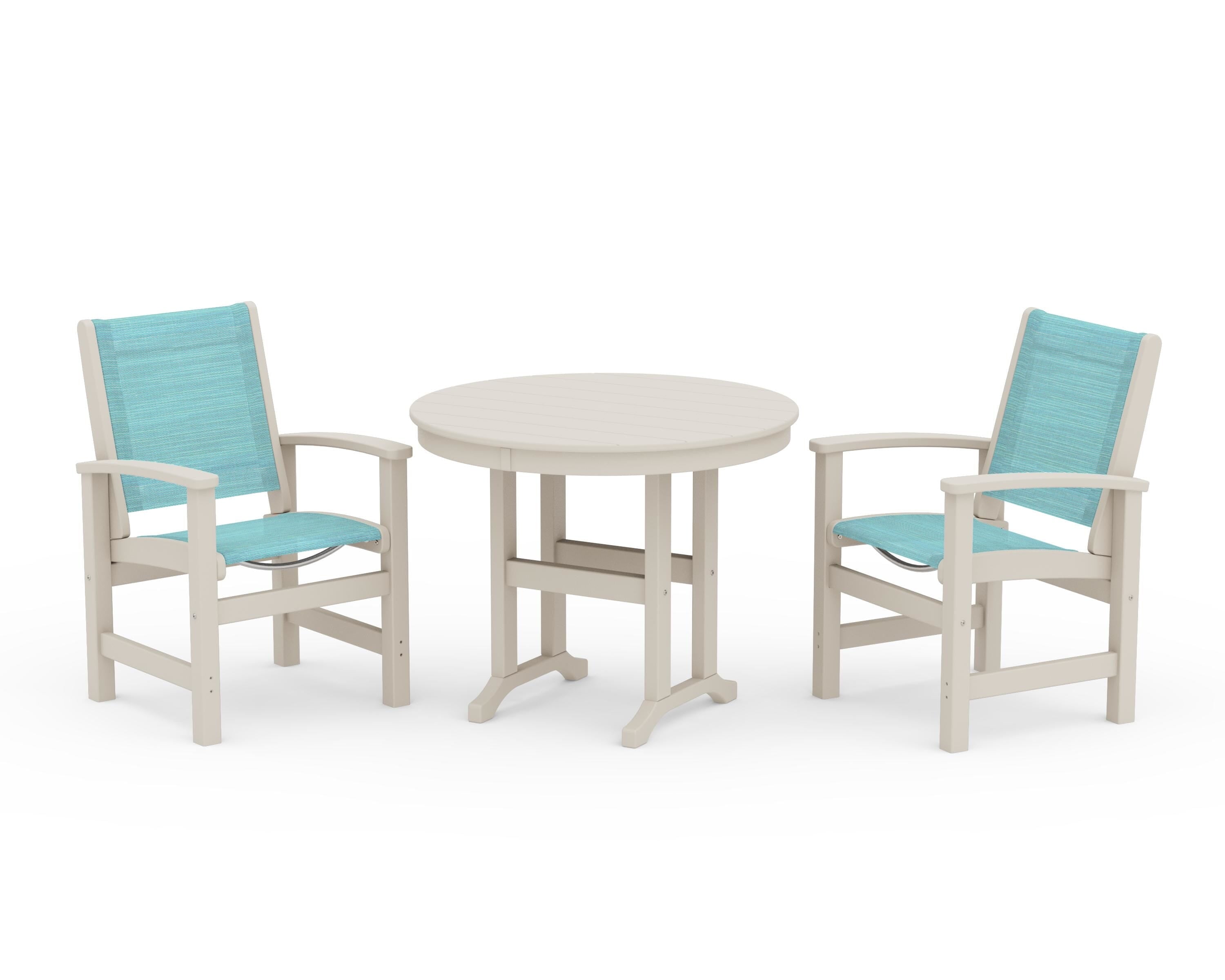 POLYWOOD® Coastal 3-Piece Round Dining Set in Sand / Dupioni Aquamarine Sling