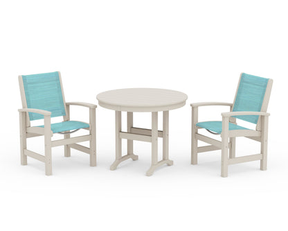 POLYWOOD® Coastal 3-Piece Round Dining Set in Sand / Dupioni Aquamarine Sling