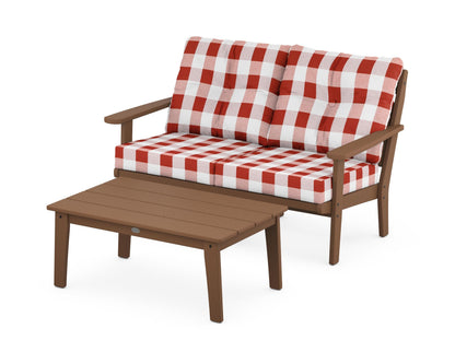 POLYWOOD® Lakeside 2-Piece Lounge Loveseat Set in Teak / Buffalo Plaid Crimson
