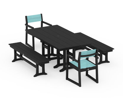 POLYWOOD® EDGE Sling Arm Chair 5-Piece Farmhouse Dining Set with Benches in Black / Dupioni Aquamarine Sling