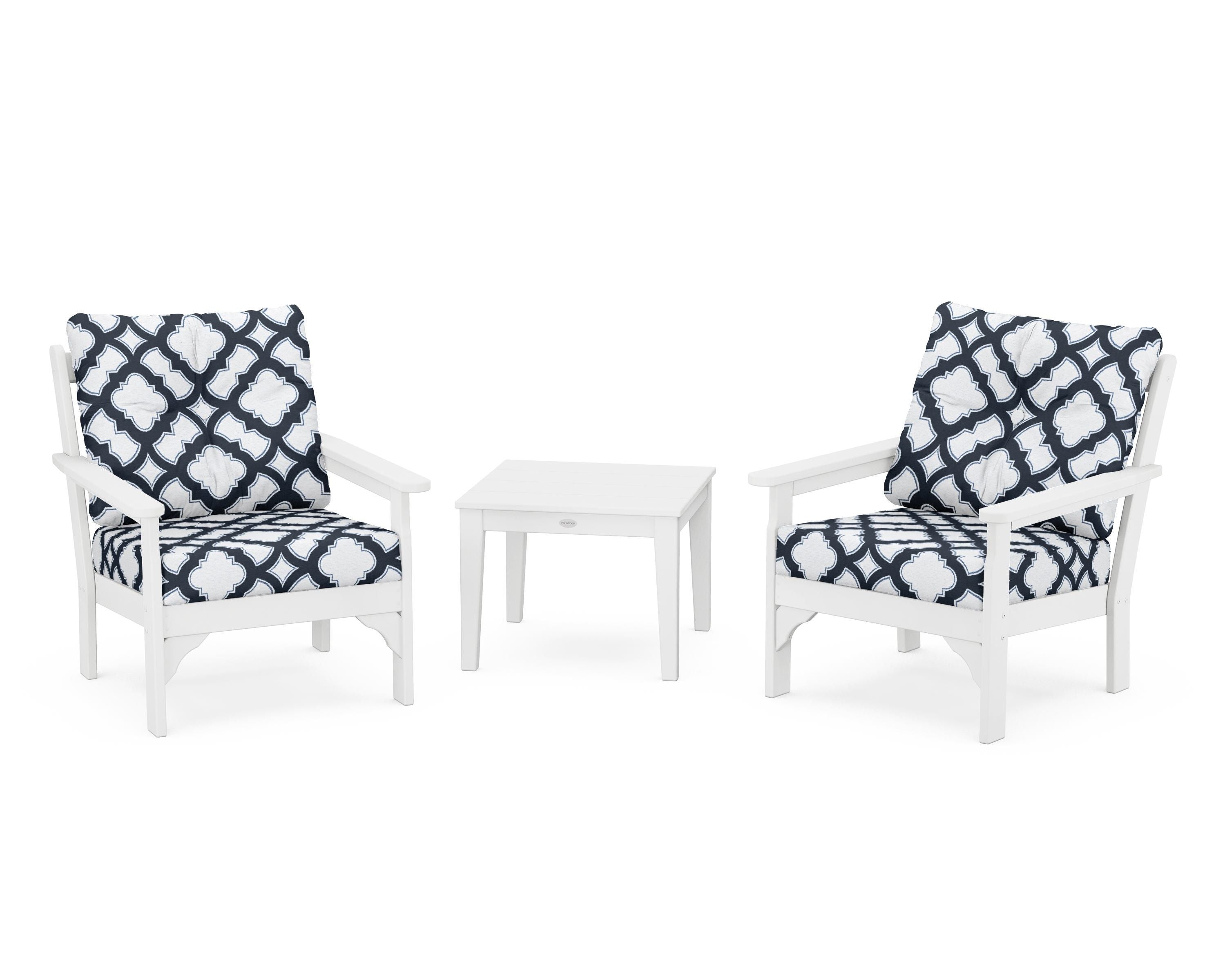 POLYWOOD® Vineyard 3-Piece Deep Seating Set in White / Trellis Marine Indigo