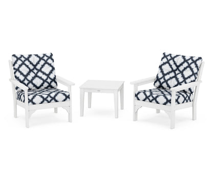 POLYWOOD® Vineyard 3-Piece Deep Seating Set in White / Trellis Marine Indigo