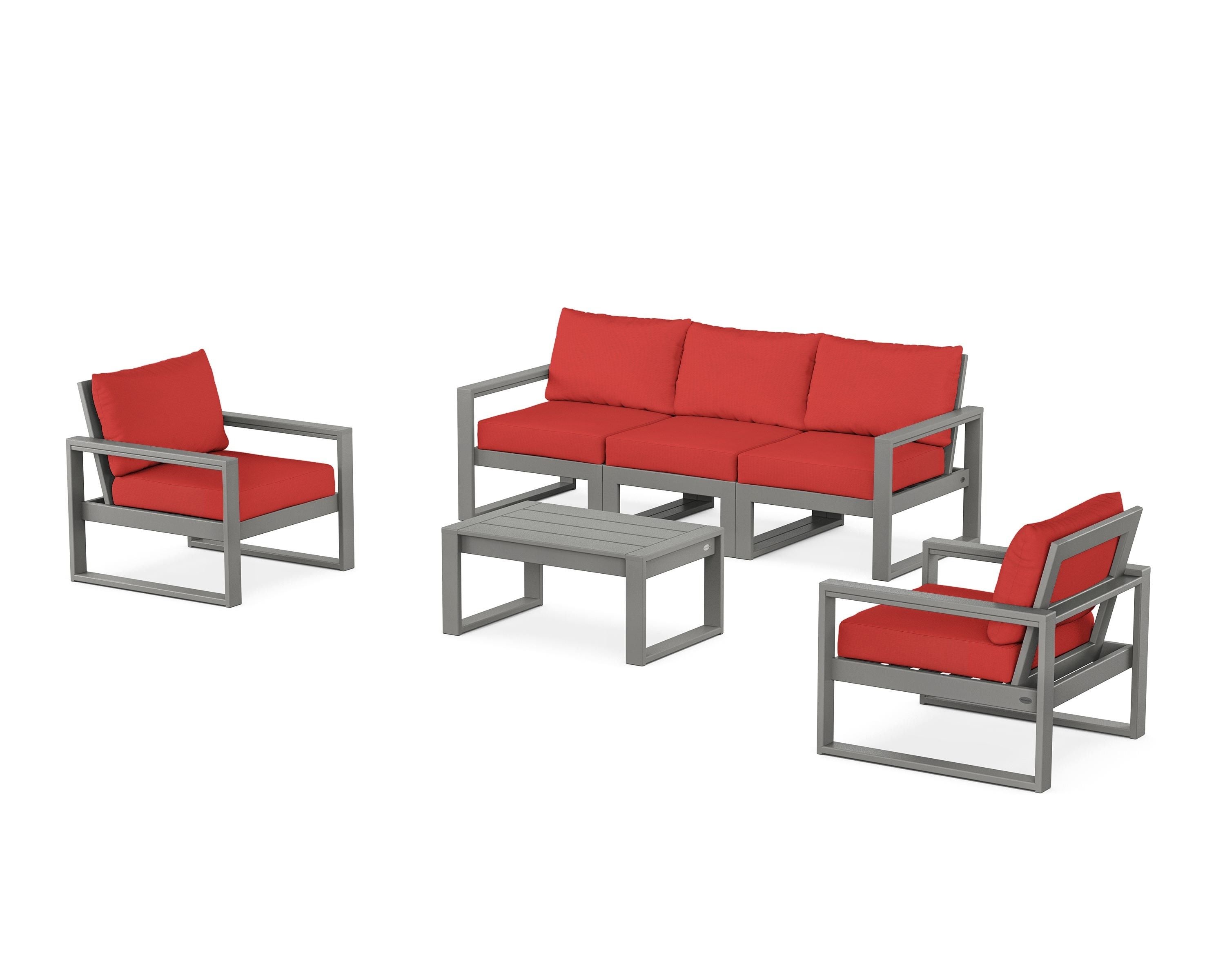 POLYWOOD® EDGE Sectional 4-Piece Deep Seating Set with Sofa in Slate Grey / Crimson Linen