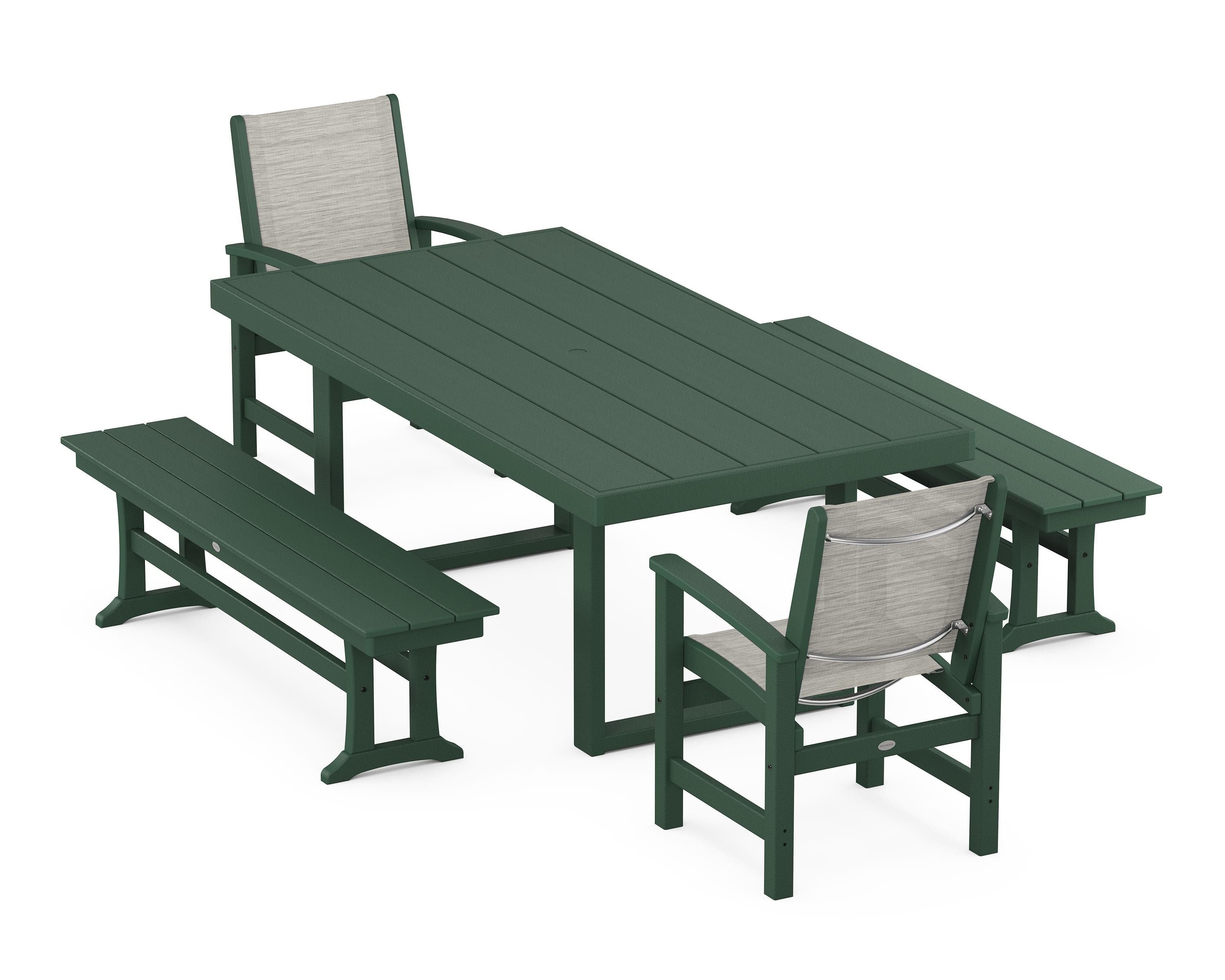 POLYWOOD® Coastal 5-Piece Dining Set with Trestle Legs in Green / Birch Sling
