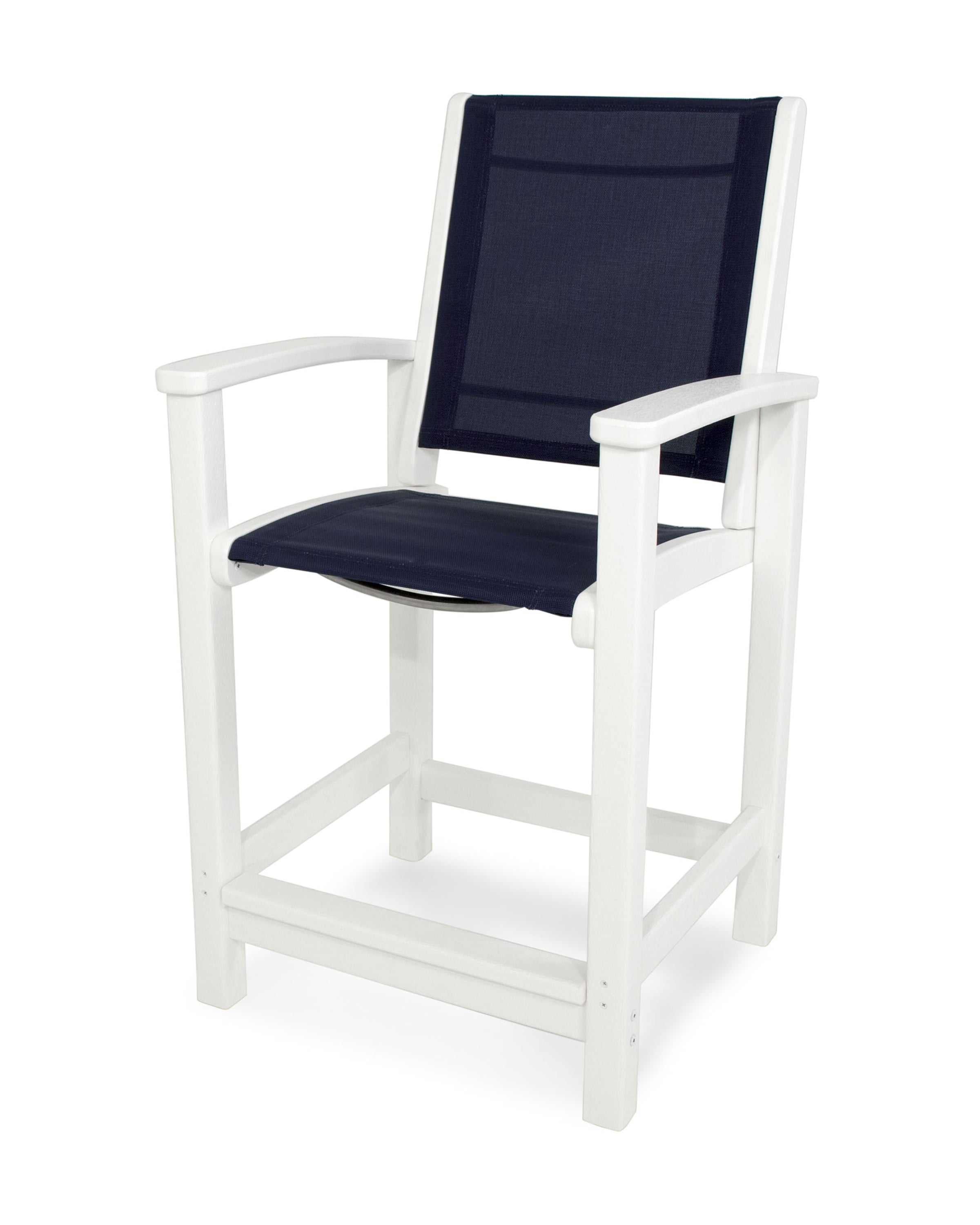 POLYWOOD® Coastal Counter Chair in White / Navy Blue Sling