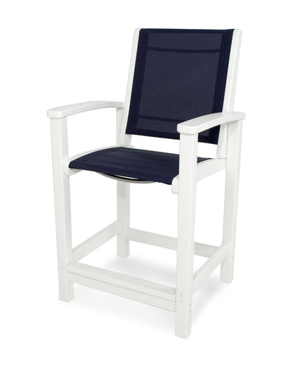 POLYWOOD® Coastal Counter Chair in White / Navy Blue Sling
