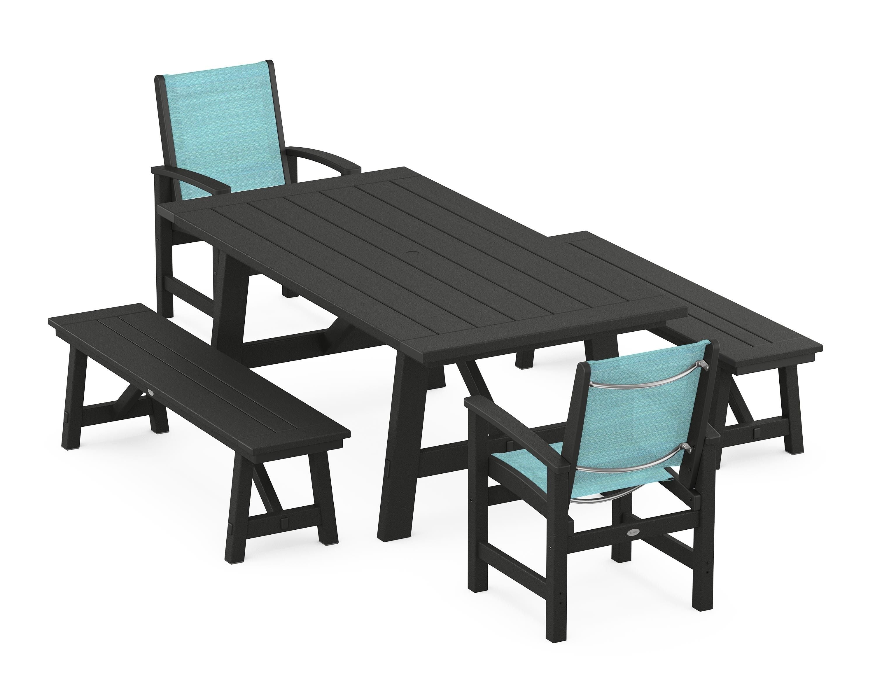 POLYWOOD® Coastal 5-Piece Rustic Farmhouse Dining Set With Benches in Black / Dupioni Aquamarine Sling