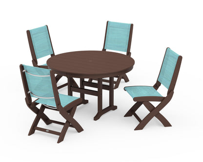 POLYWOOD® Coastal Folding Side Chair 5-Piece Round Dining Set in Mahogany / Dupioni Aquamarine Sling