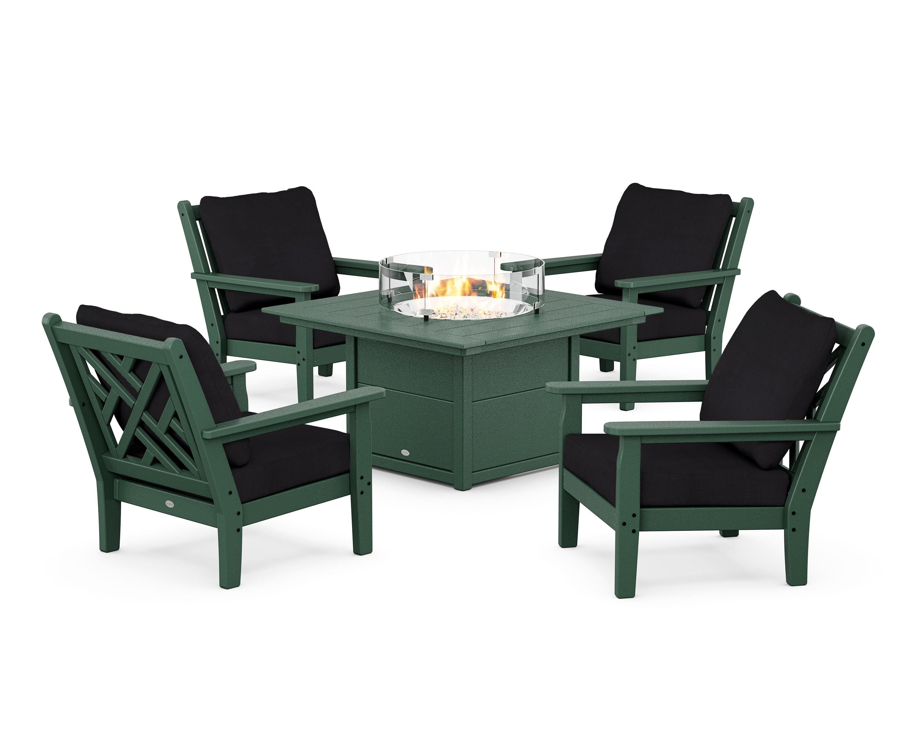 POLYWOOD® Chippendale 5-Piece Deep Seating Set with Fire Pit Table in Green / Midnight Linen