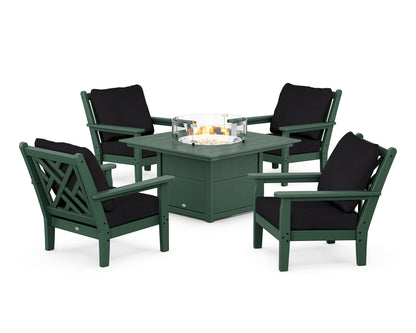 POLYWOOD® Chippendale 5-Piece Deep Seating Set with Fire Pit Table in Green / Midnight Linen