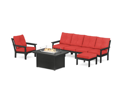 POLYWOOD® Vineyard Sectional Lounge and Fire Pit Set in Black / Crimson Linen