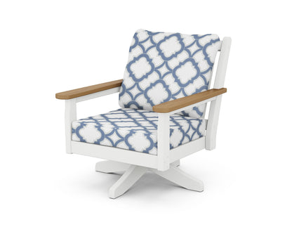 POLYWOOD® Chippendale Deep Seating Swivel Chair in White / Natural / Trellis Sky Blue