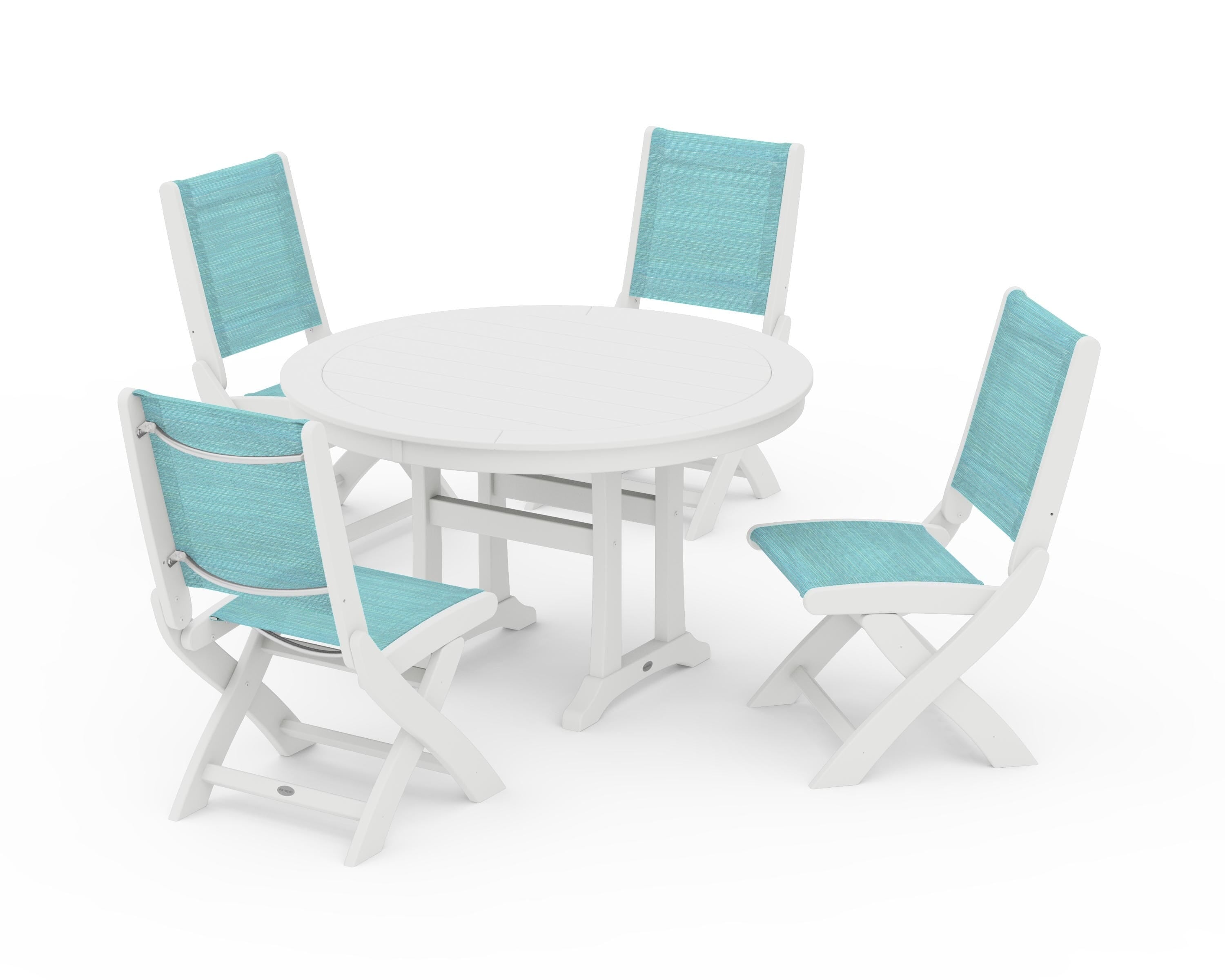 POLYWOOD® Coastal Folding Side Chair 5-Piece Round Dining Set With Trestle Legs in White / Dupioni Aquamarine Sling
