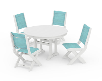 POLYWOOD® Coastal Folding Side Chair 5-Piece Round Dining Set With Trestle Legs in White / Dupioni Aquamarine Sling