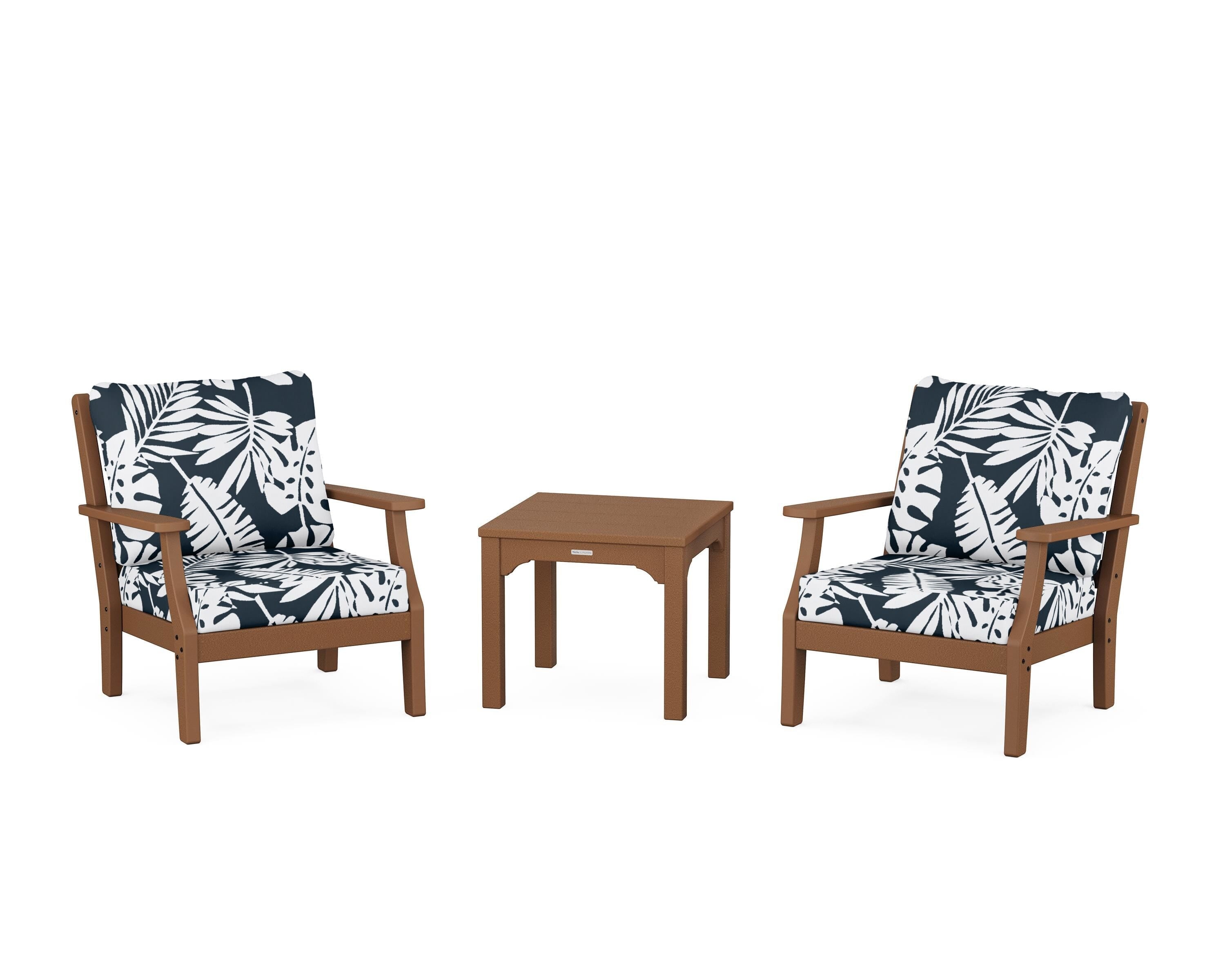 Martha Stewart by POLYWOOD® Chinoiserie 3-Piece Deep Seating Set in Teak / Leaf Marine Indigo