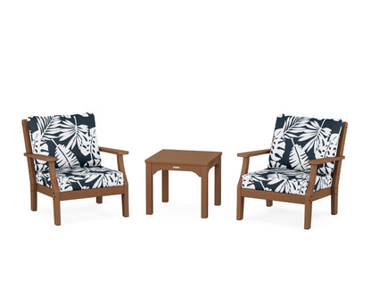 Martha Stewart by POLYWOOD® Chinoiserie 3-Piece Deep Seating Set in Teak / Leaf Marine Indigo