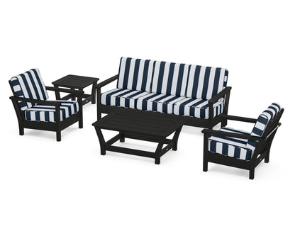 POLYWOOD® Harbour 5-Piece Deep Seating Set in Black / Cabana Stripe Marine Indigo