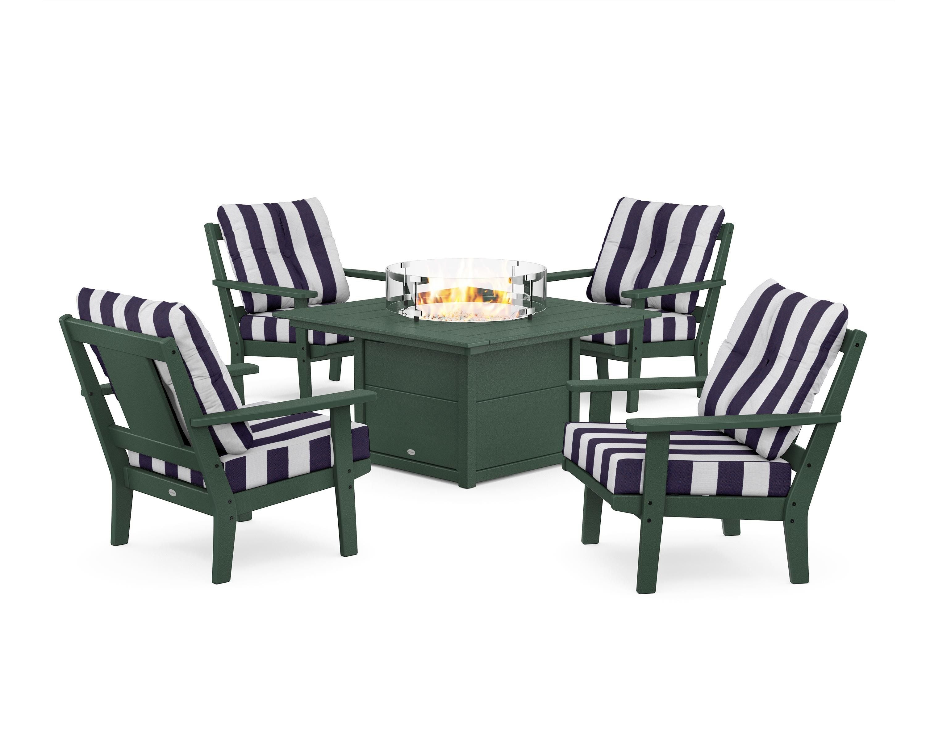 POLYWOOD® Prairie 5-Piece Deep Seating Set with Fire Pit Table in Green / Cabana Stripe Navy