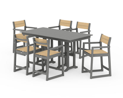 POLYWOOD® EDGE Sling Arm Chair 7-Piece Farmhouse Counter Set in Slate Grey / Dupioni Apricot Sling