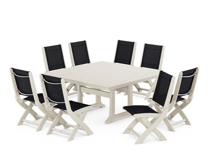 POLYWOOD® Coastal Folding Side Chair 9-Piece Dining Set with Trestle Legs in Sand / Black Sling