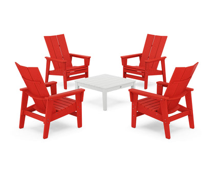 POLYWOOD® 5-Piece Modern Grand Upright Adirondack Chair Conversation Group in Sunset Red / White