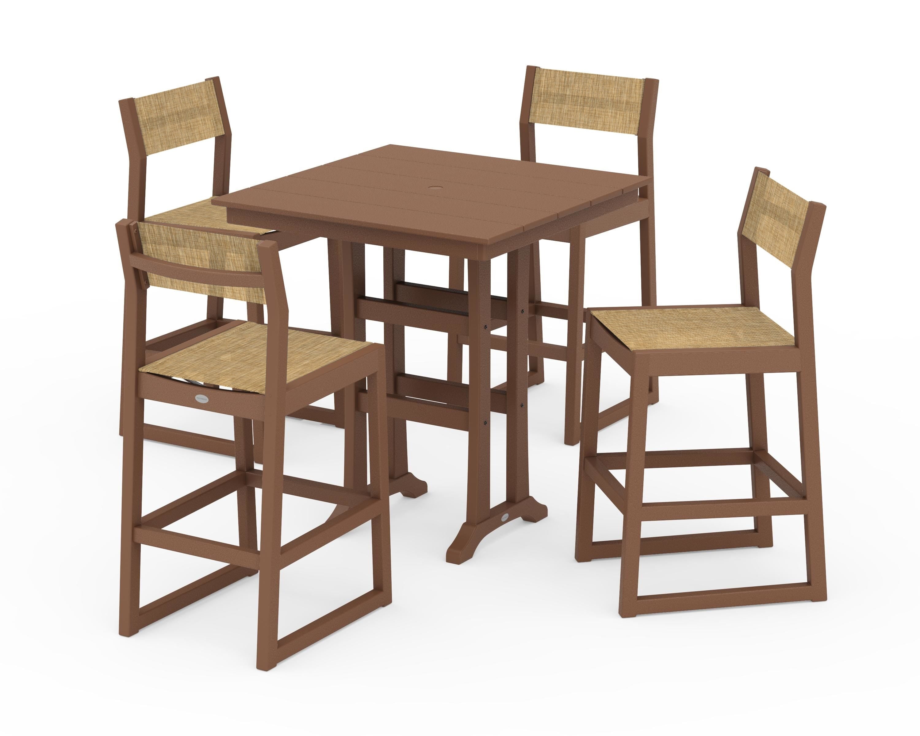 POLYWOOD® EDGE Sling Arm Chair 5-Piece Farmhouse Bar Set with Trestle Legs in Teak / Burlap Sling