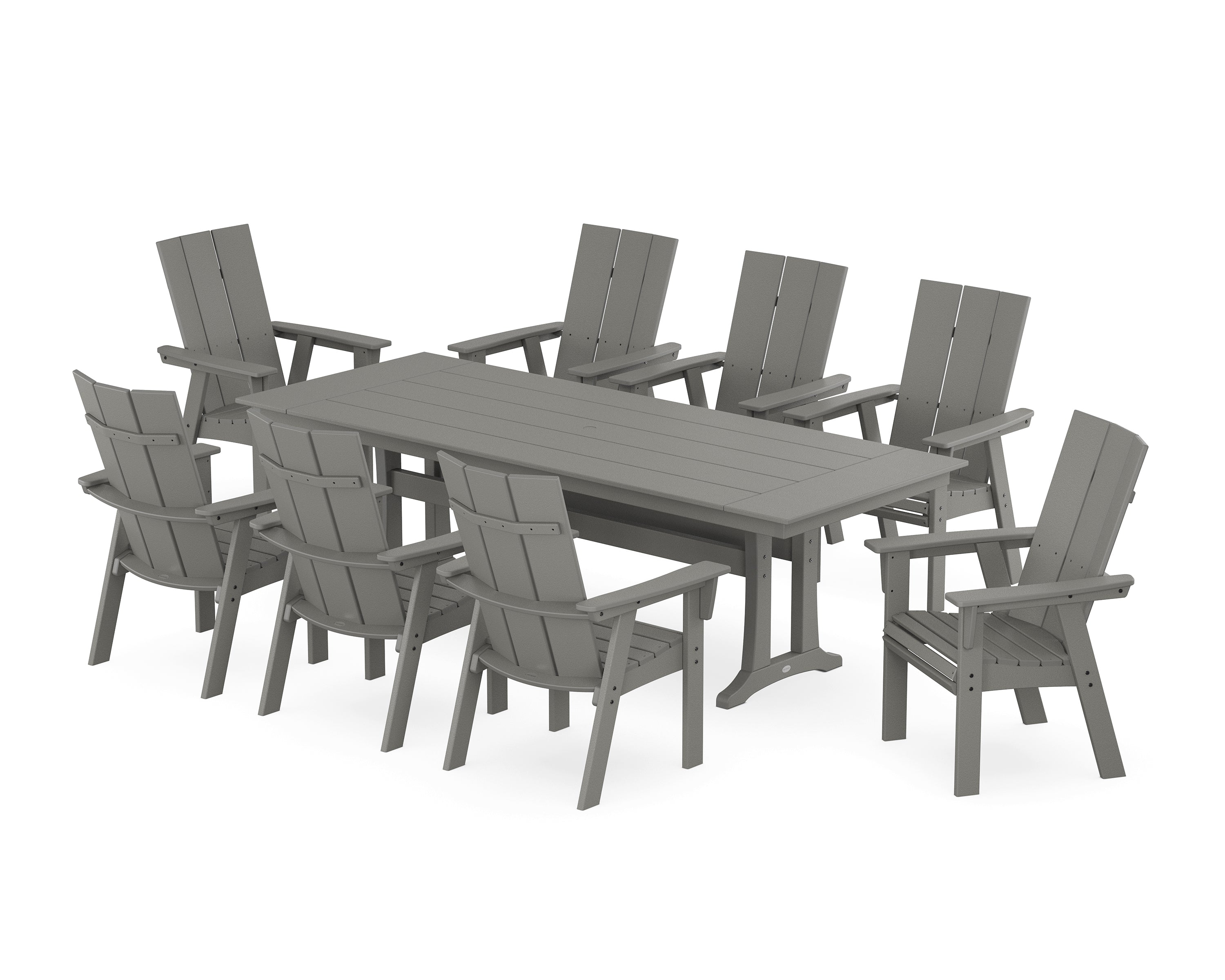POLYWOOD® Modern Curveback Adirondack 9-Piece Farmhouse Dining Set with Trestle Legs in Slate Grey