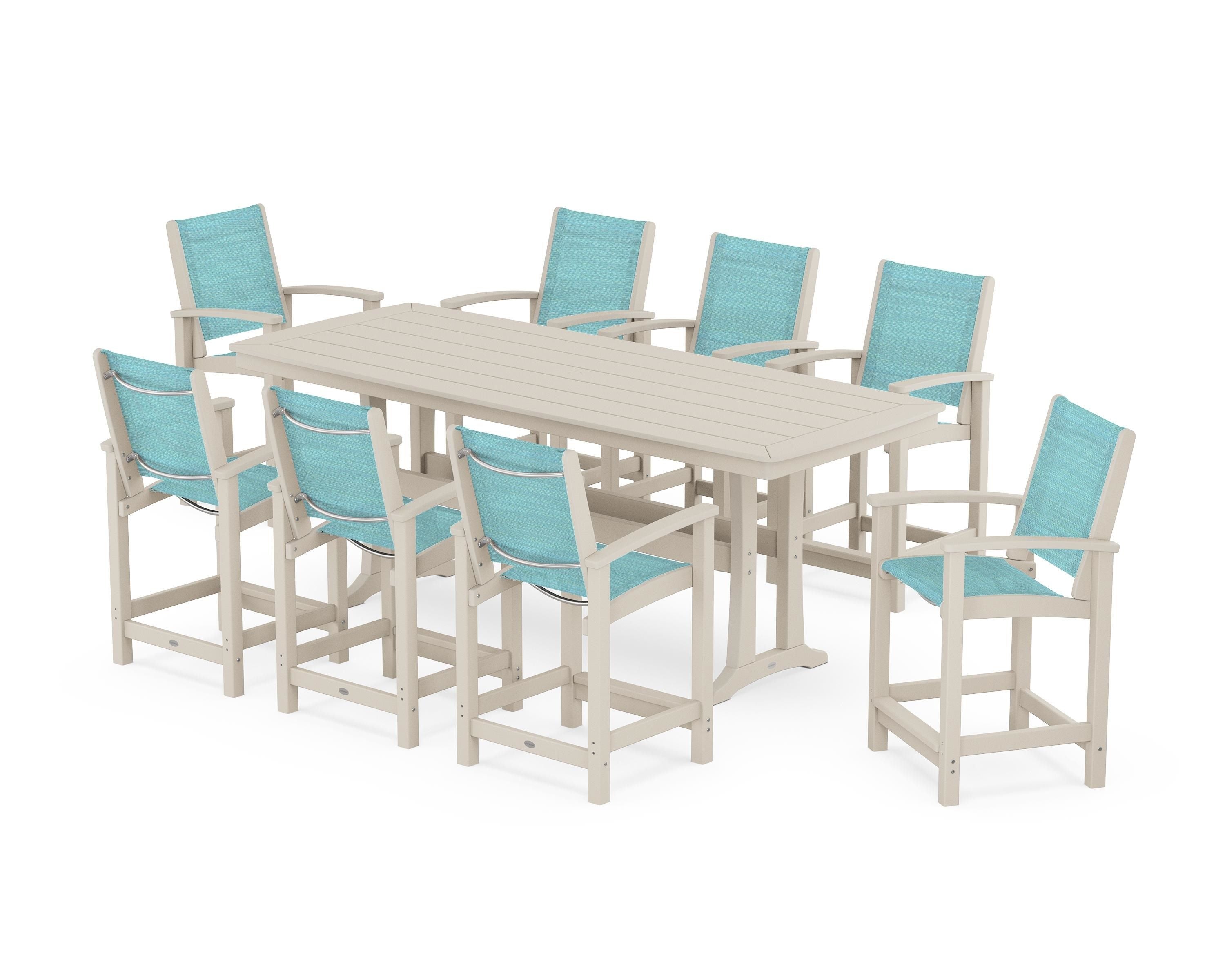 POLYWOOD® Coastal 9-Piece Counter Set with Trestle Legs in Sand / Dupioni Aquamarine Sling