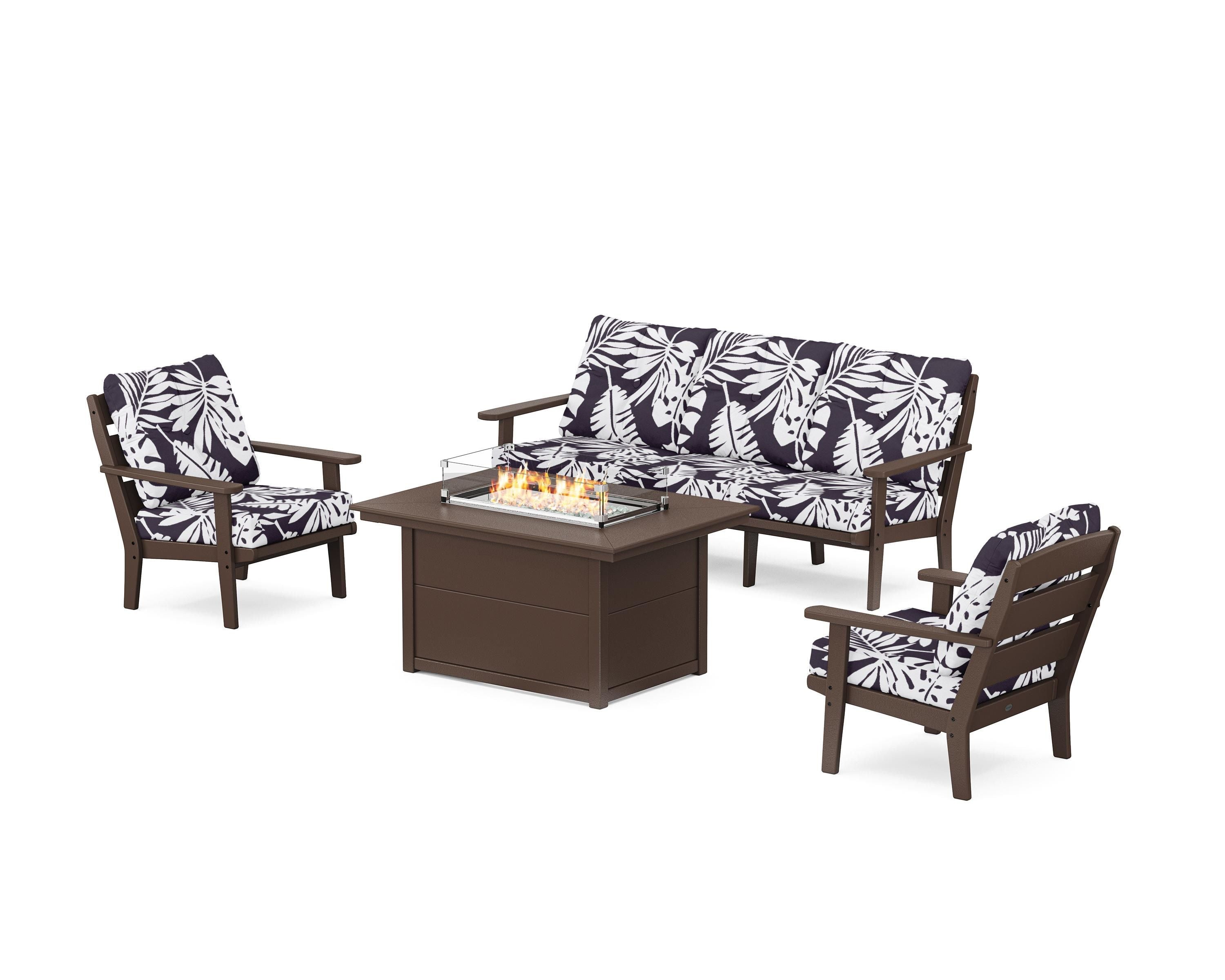 POLYWOOD® Lakeside Deep Seating Fire Pit Table Set in Mahogany / Leaf Navy