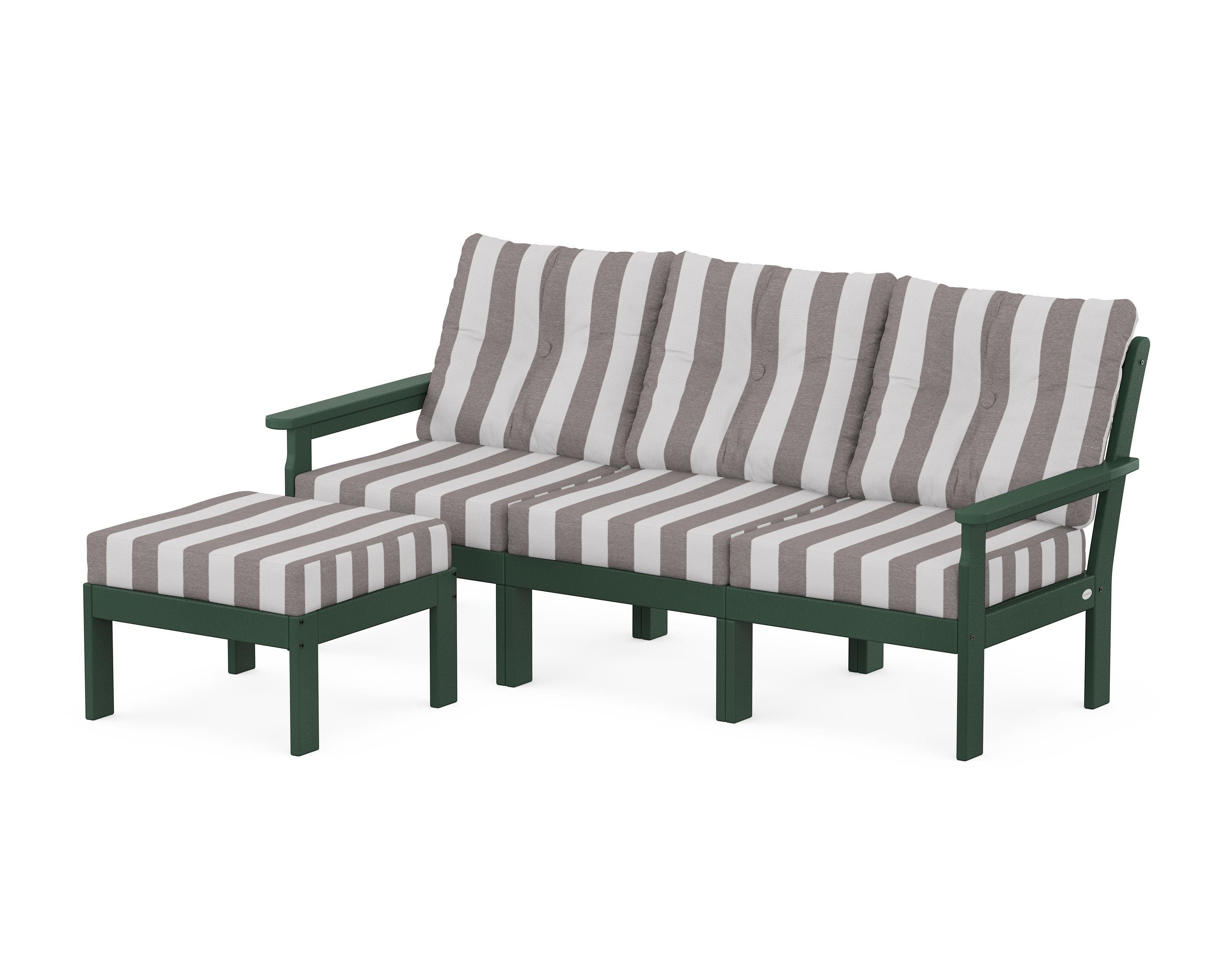 POLYWOOD® Vineyard 4-Piece Sectional with Ottoman in Green / Cabana Stripe Grey Mist