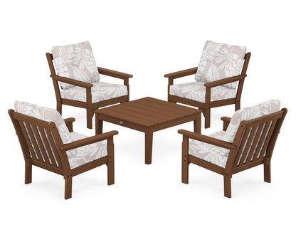 POLYWOOD® Vineyard 5-Piece Deep Seating Conversation Set in Teak / Leaf Dune Burlap