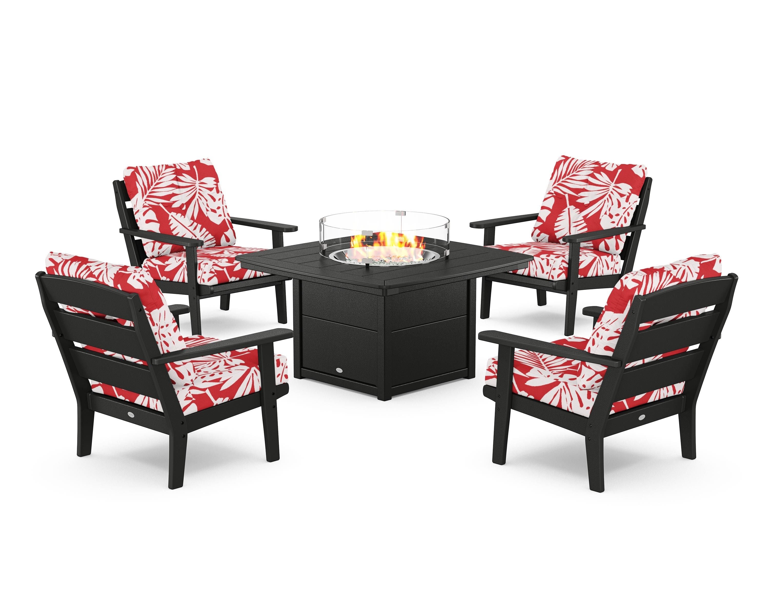POLYWOOD® Lakeside 5-Piece Deep Seating Set with Nautical Fire Pit Table in Black / Leaf Crimson