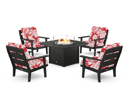 POLYWOOD® Lakeside 5-Piece Deep Seating Set with Nautical Fire Pit Table in Black / Leaf Crimson