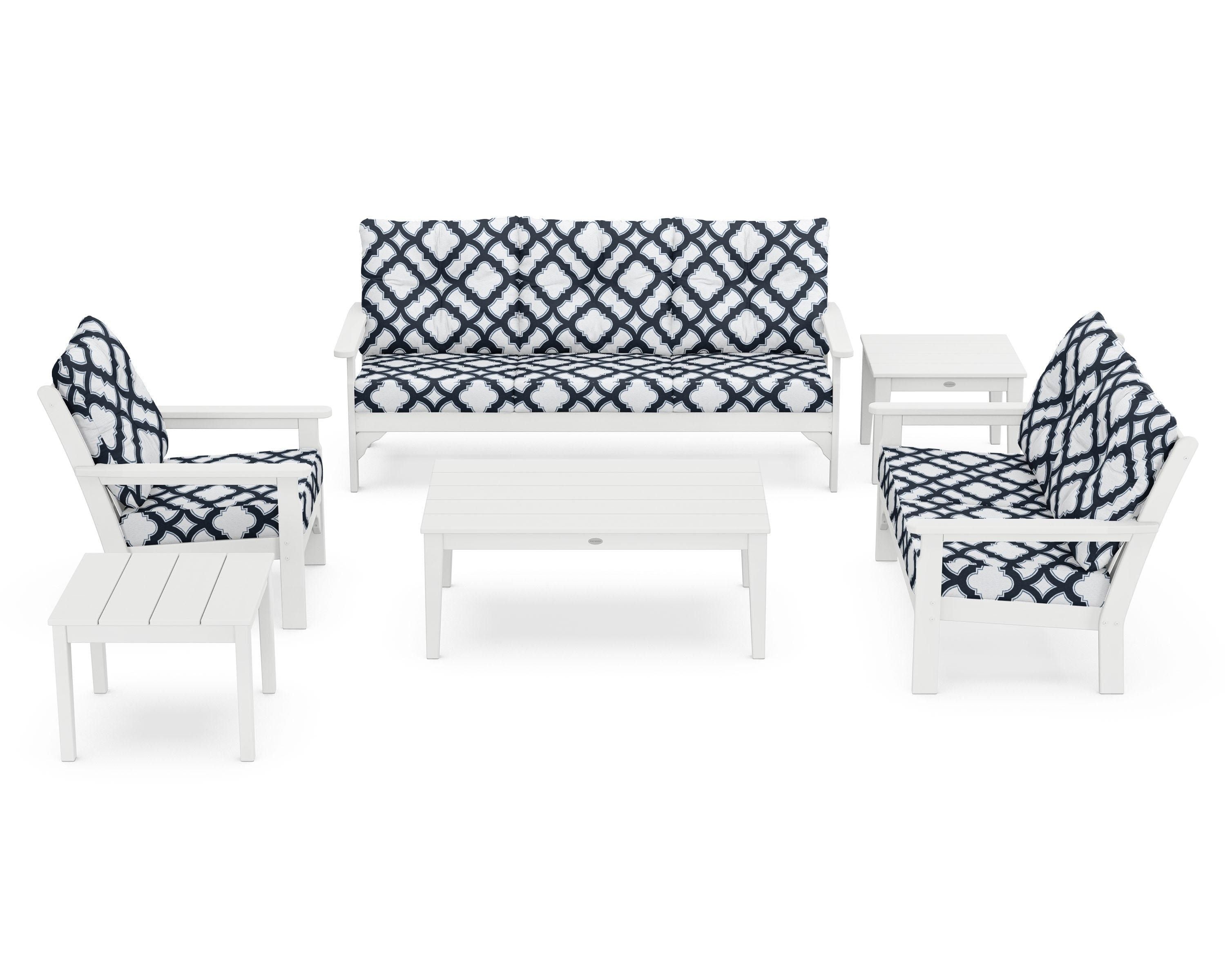 POLYWOOD® Vineyard 6-Piece Deep Seating Set in White / Trellis Marine Indigo