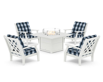 Country Living Wovendale 5-Piece Deep Seating Set with Fire Pit Table in White / Buffalo Plaid Marine Indigo